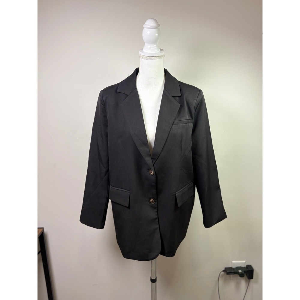 Dazy Womens Black Notched Lapel Two Button Relaxed Fit Blazer Size M